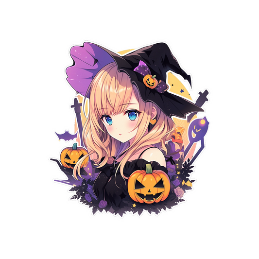 cute anime girl with pumpkins halloween sticker