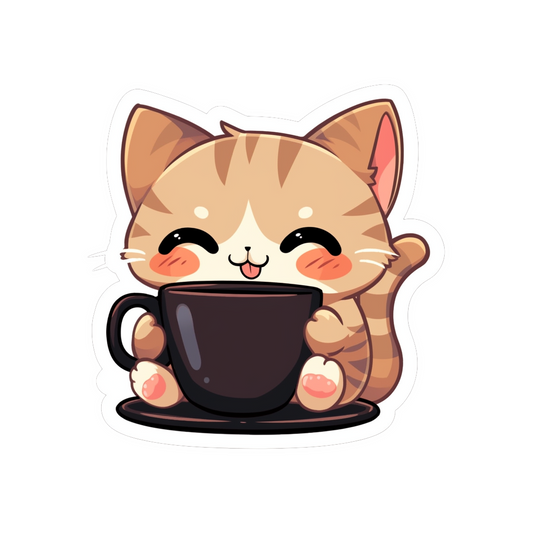 cute beige cat with coffee cup sticker