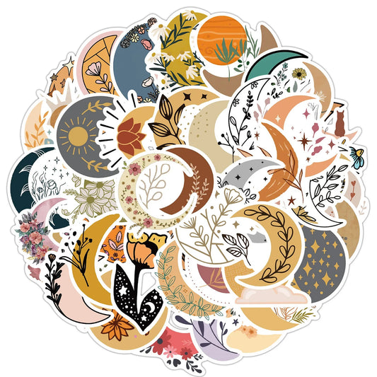50PCS Aesthetic art cute trendy retro crescent cartoon plant flower moon sticker
