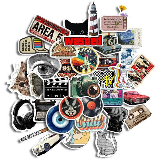 35Pcs Vintage Retro Aesthetic Style Vinyl Stickers - Waterproof and Residue-Free for Laptops, Journals, Scrapbooks, Water Bottles, Guitars, and More, self-Adhesive,
