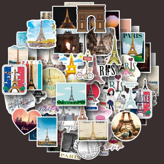 50 PCS Paris Aesthetic Stickers Pack – Waterproof Vinyl Stickers with Eiffel Tower, Arc de Triomphe, French Landmarks & Vintage Designs for Laptop, Scrapbooking, Journaling, Travel, DIY Crafts