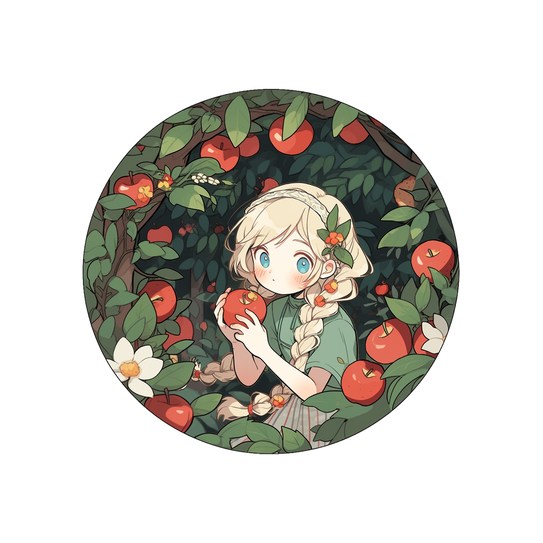 anime girl in apple orchard round sticker