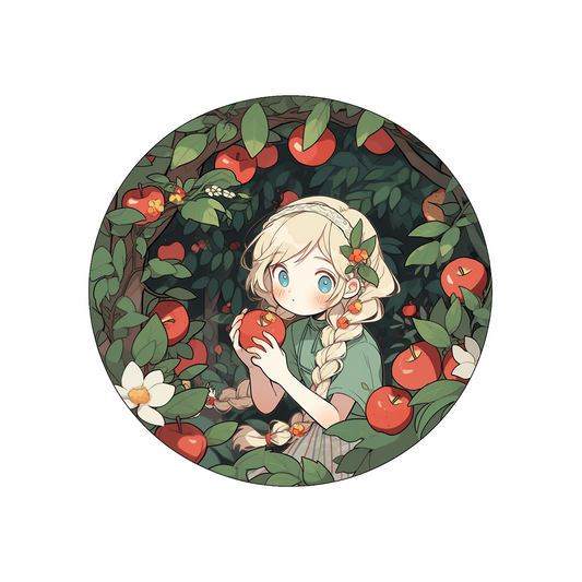 anime girl in apple orchard round sticker