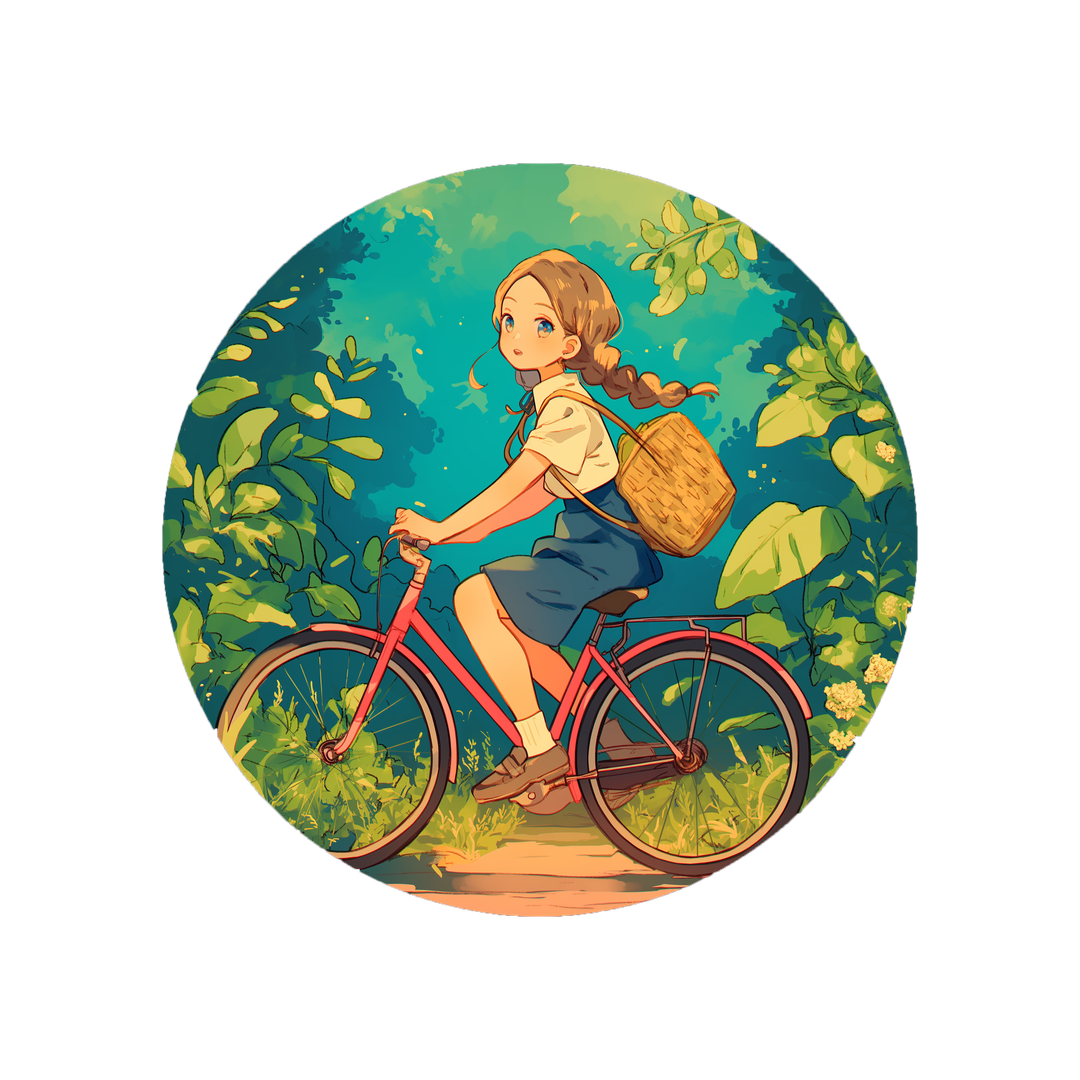 anime girl on bike round sticker