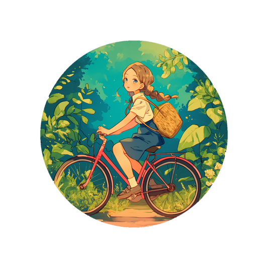 anime girl on bike round sticker