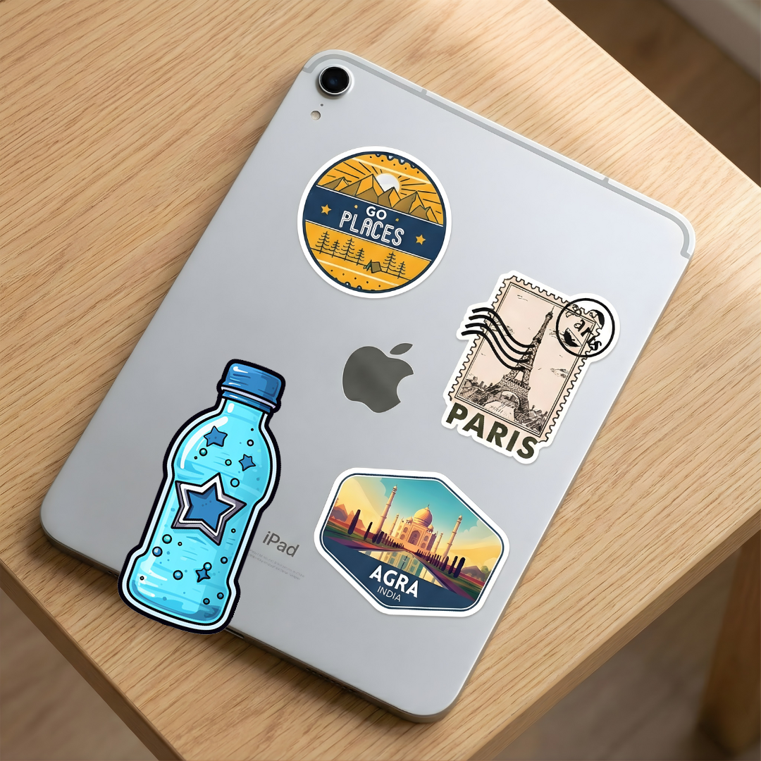blue water bottle with stars sticker