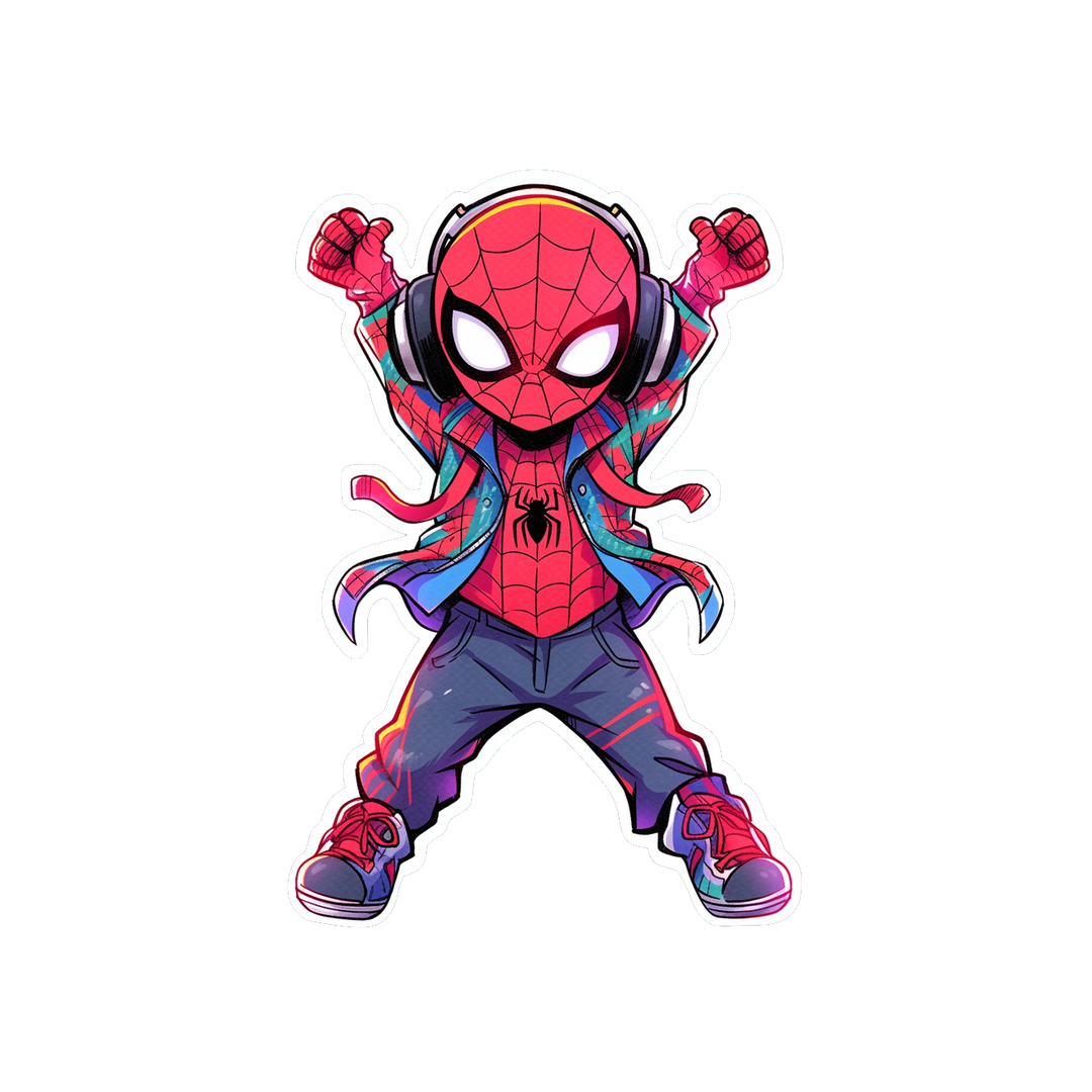 chibi spiderman dancing with headphones sticker