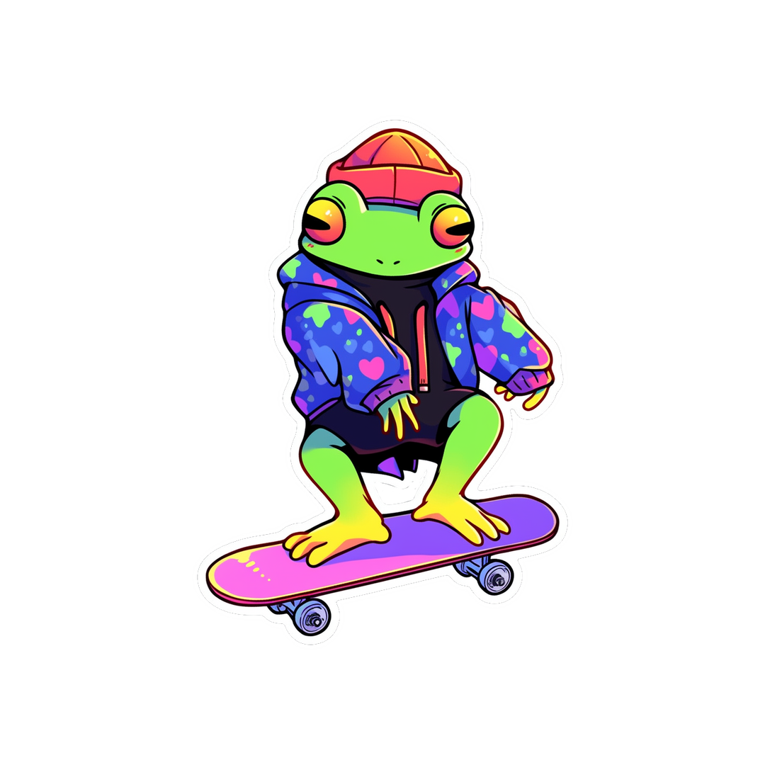 colorful trippy frog on skateboard sticker