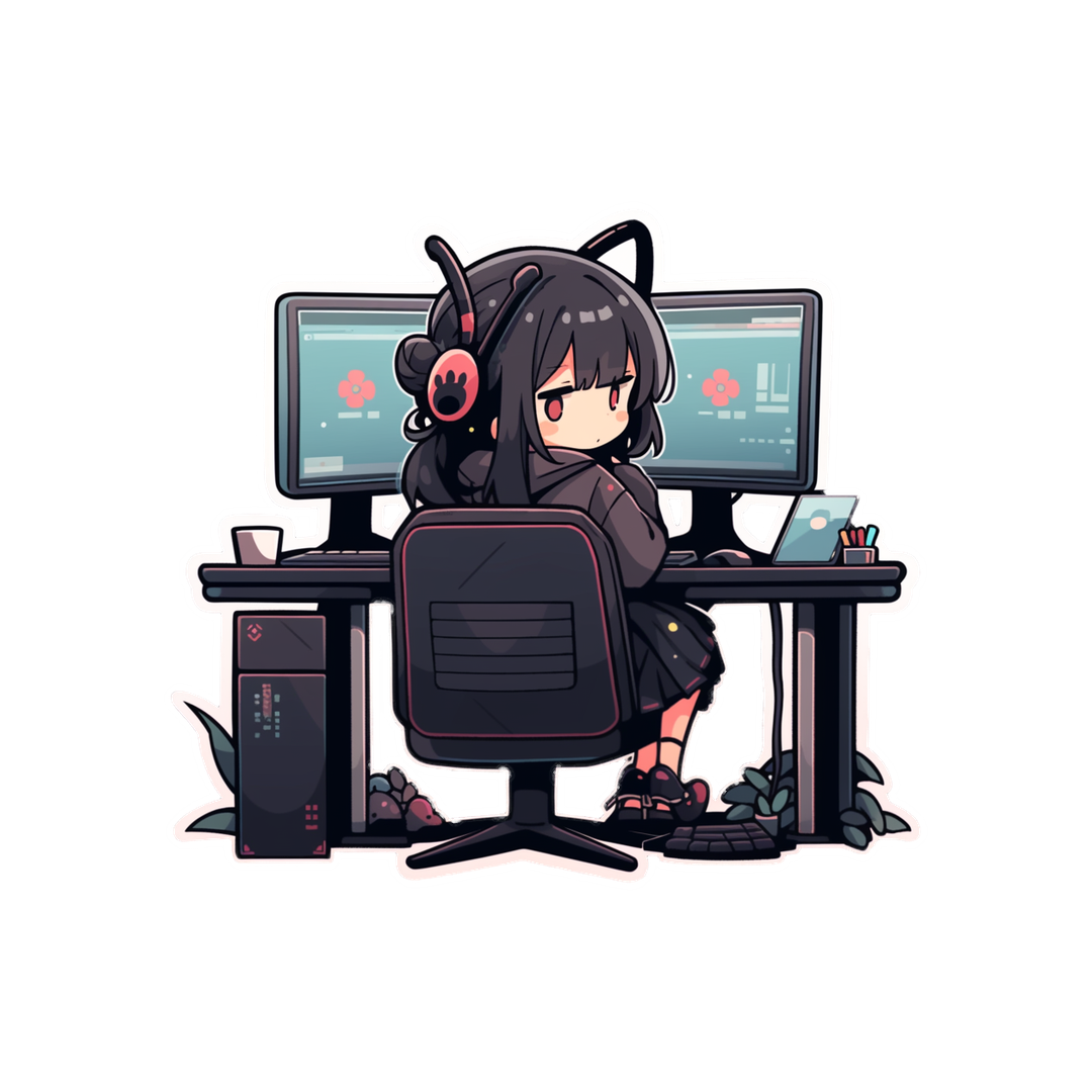 cute anime girl sitting at computer desk sticker
