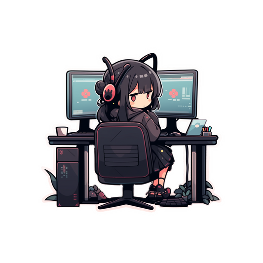 cute anime girl sitting at computer desk sticker