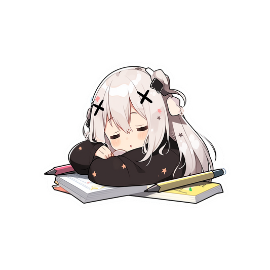 cute anime girl sleeping on homework sticker