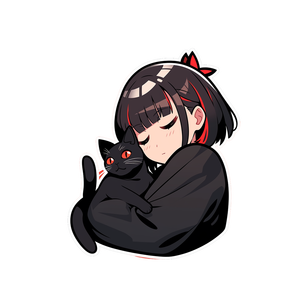 cute anime girl with black cat sticker