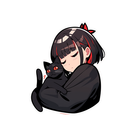 cute anime girl with black cat sticker