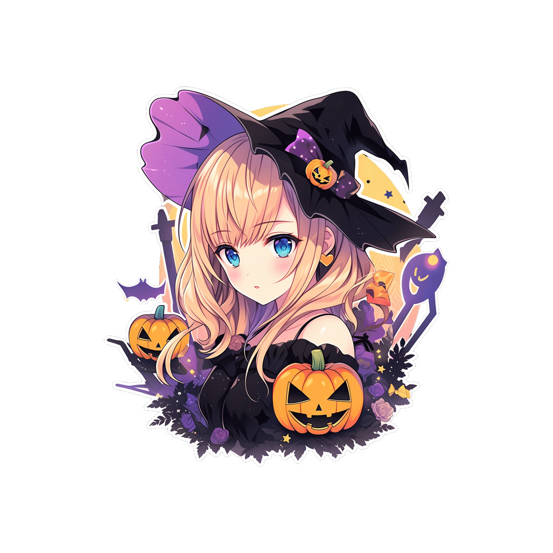 cute anime girl with pumpkins halloween sticker