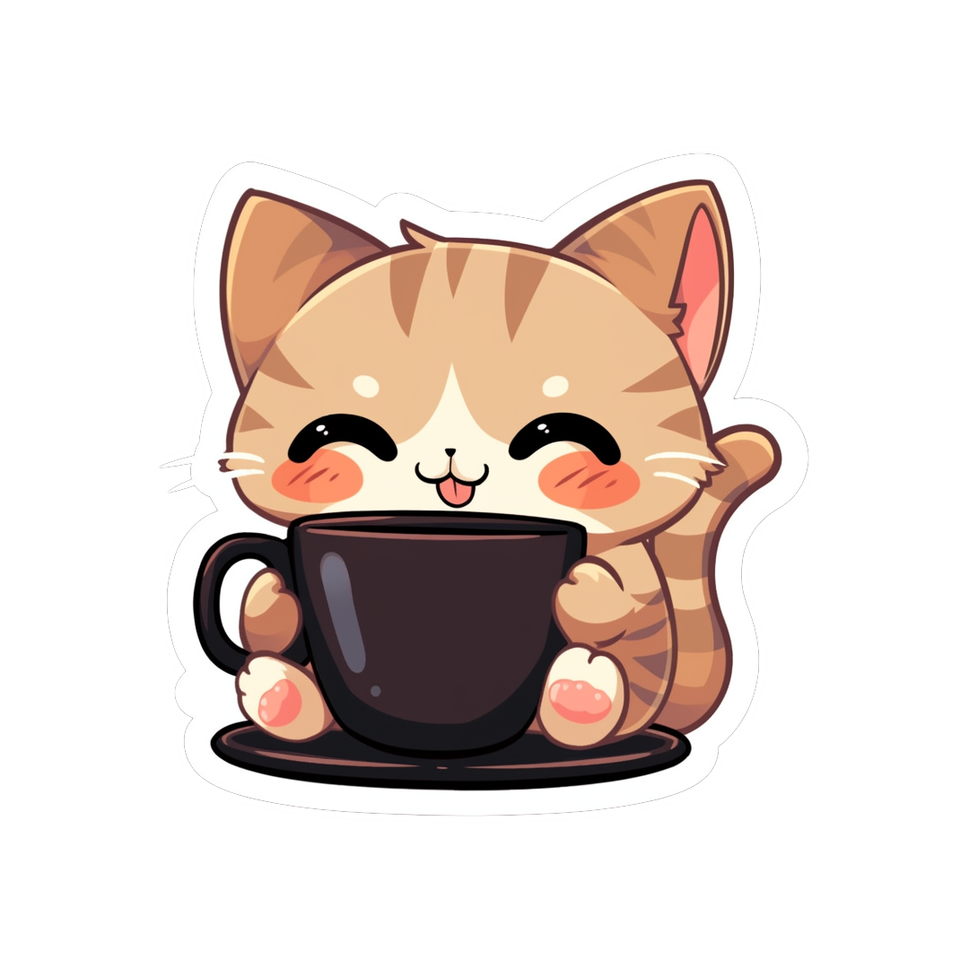 cute beige cat with coffee cup sticker