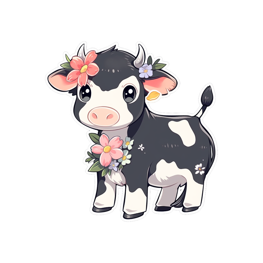 cute black and white cow with flowers sticker