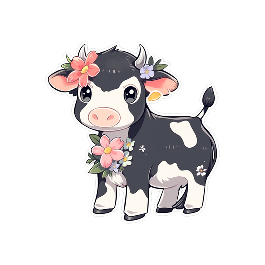 cute black and white cow with flowers sticker