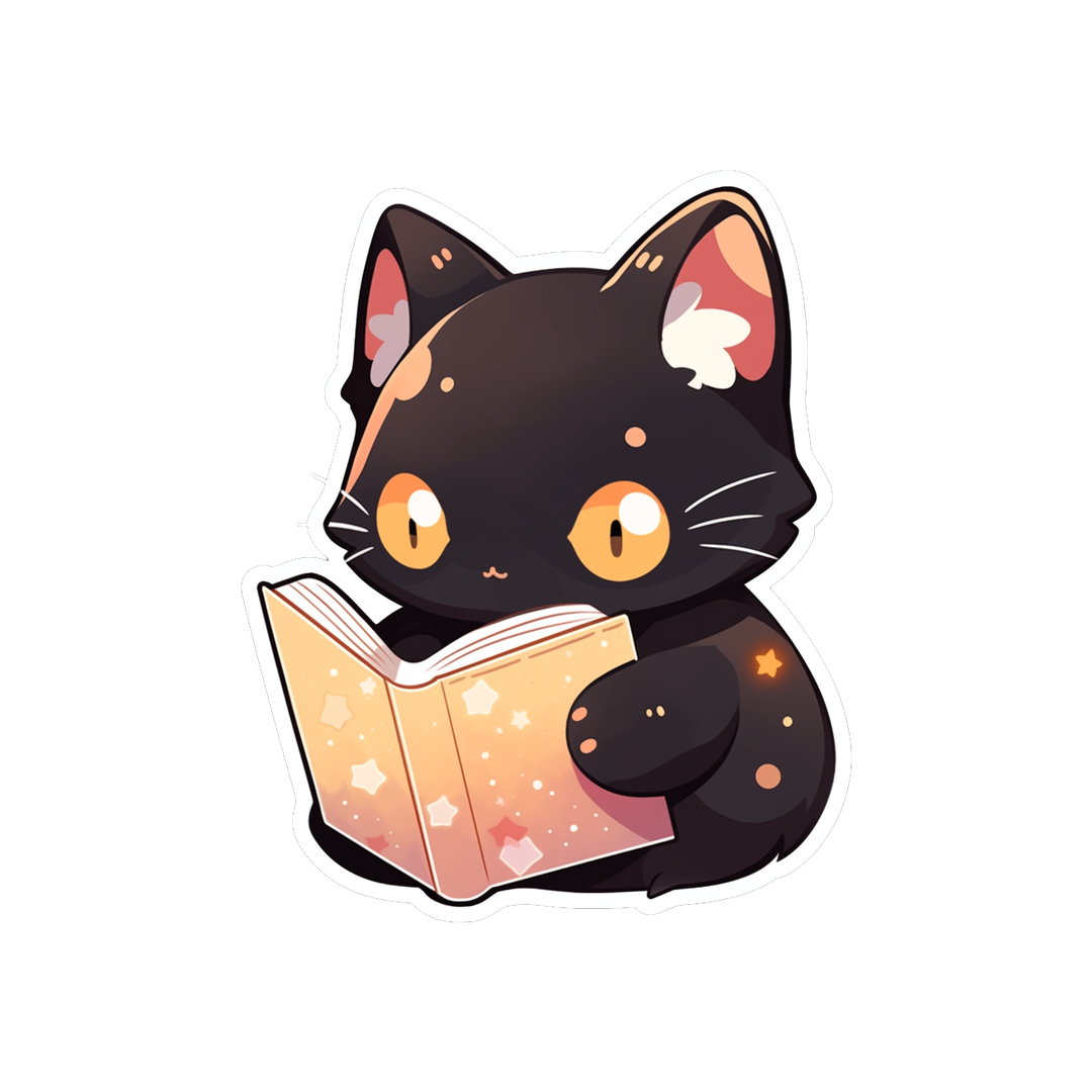 cute black cat reading book sticker