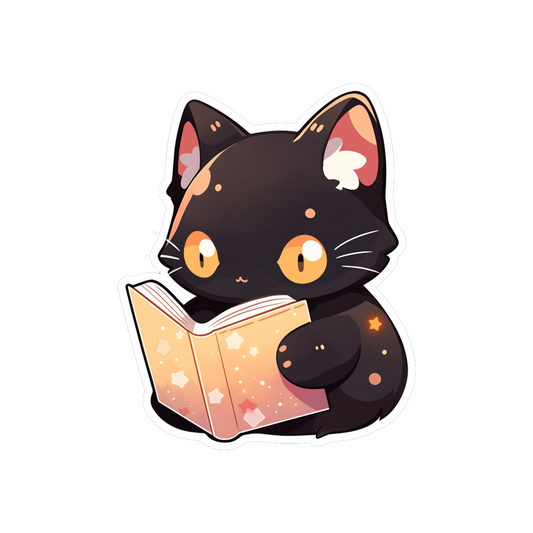 cute black cat reading book sticker
