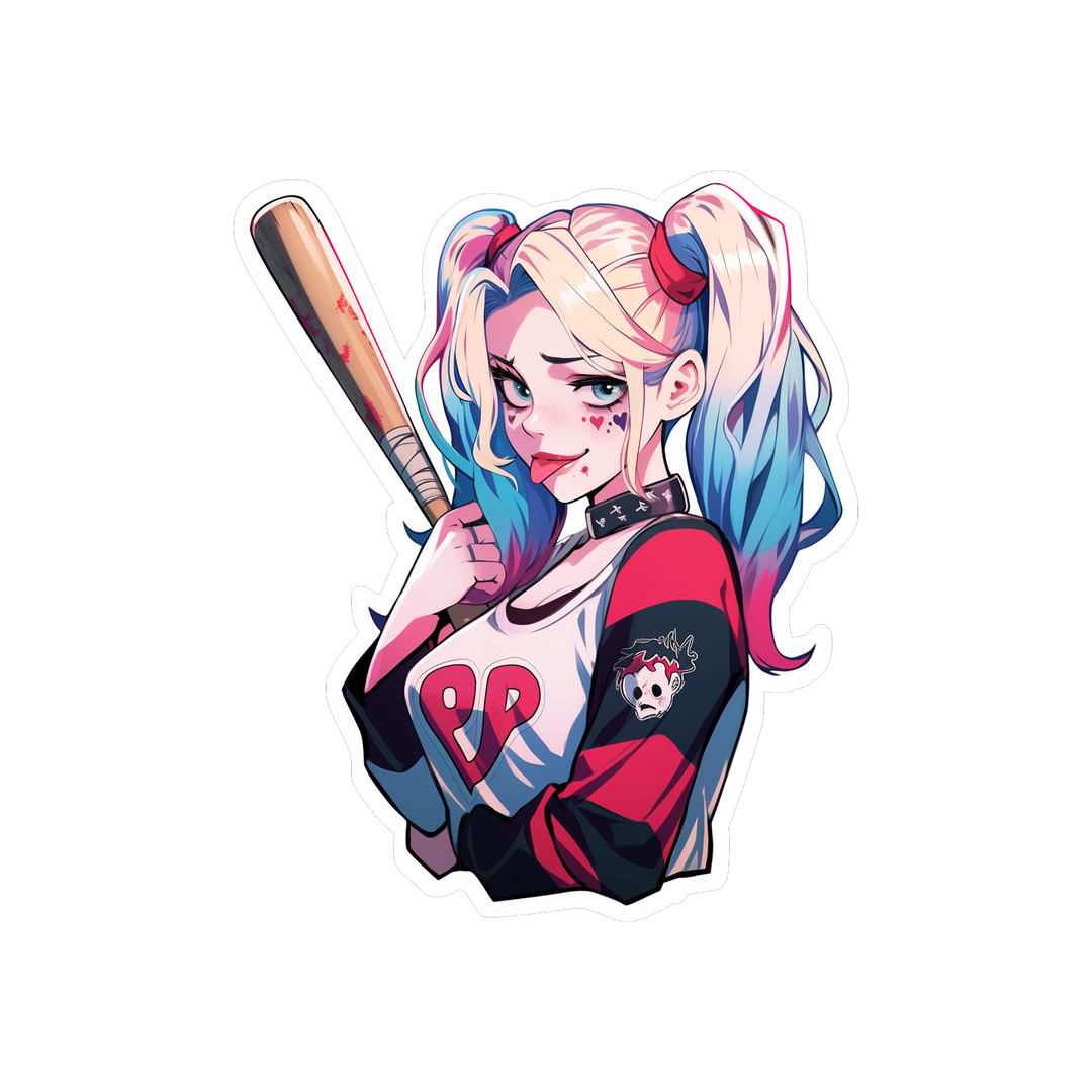 cute harley quinn with bat comics sticker