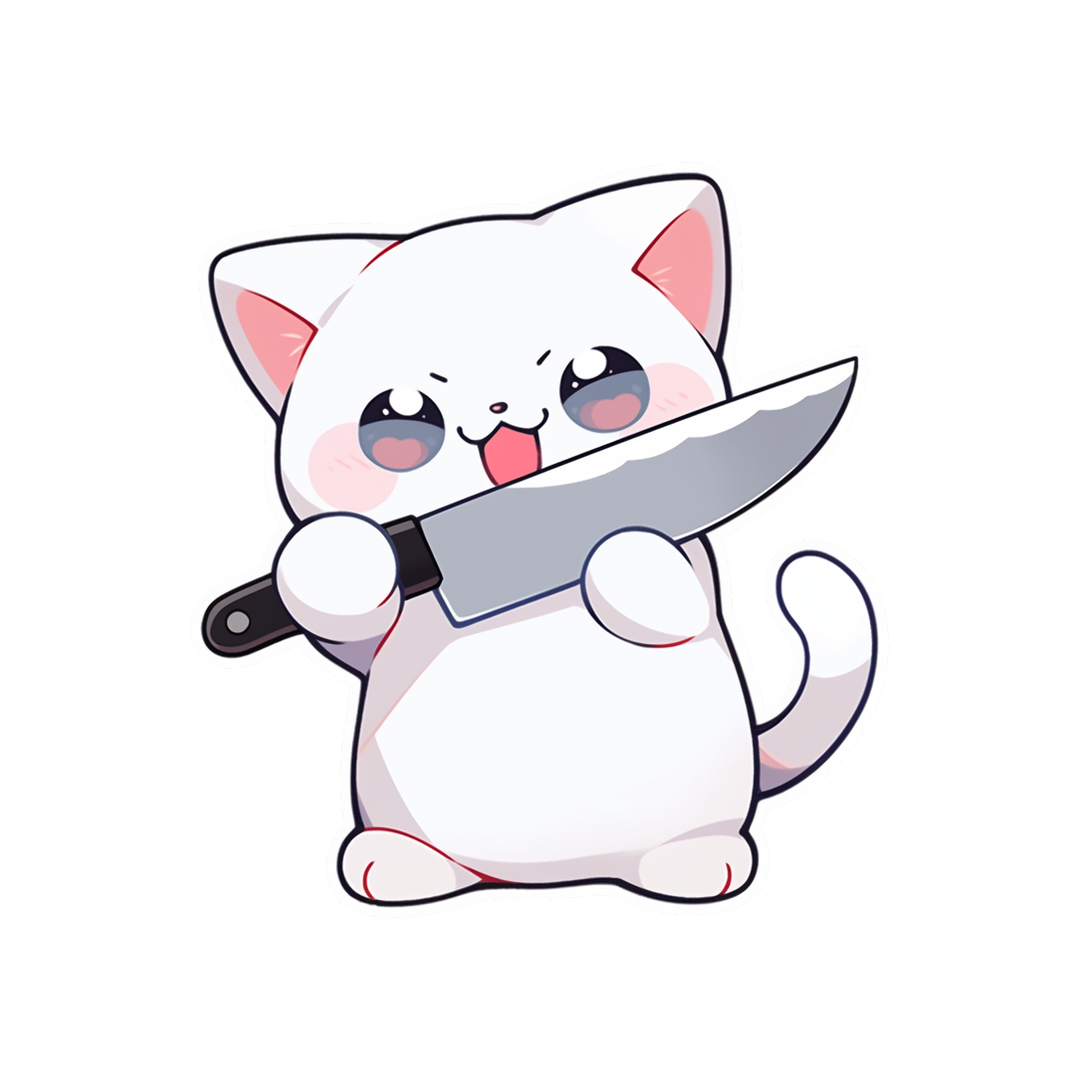 cute white kitty with knife sticker