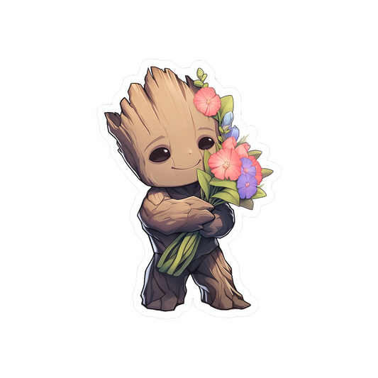 groot with a bouquet of flowers marvel sticker