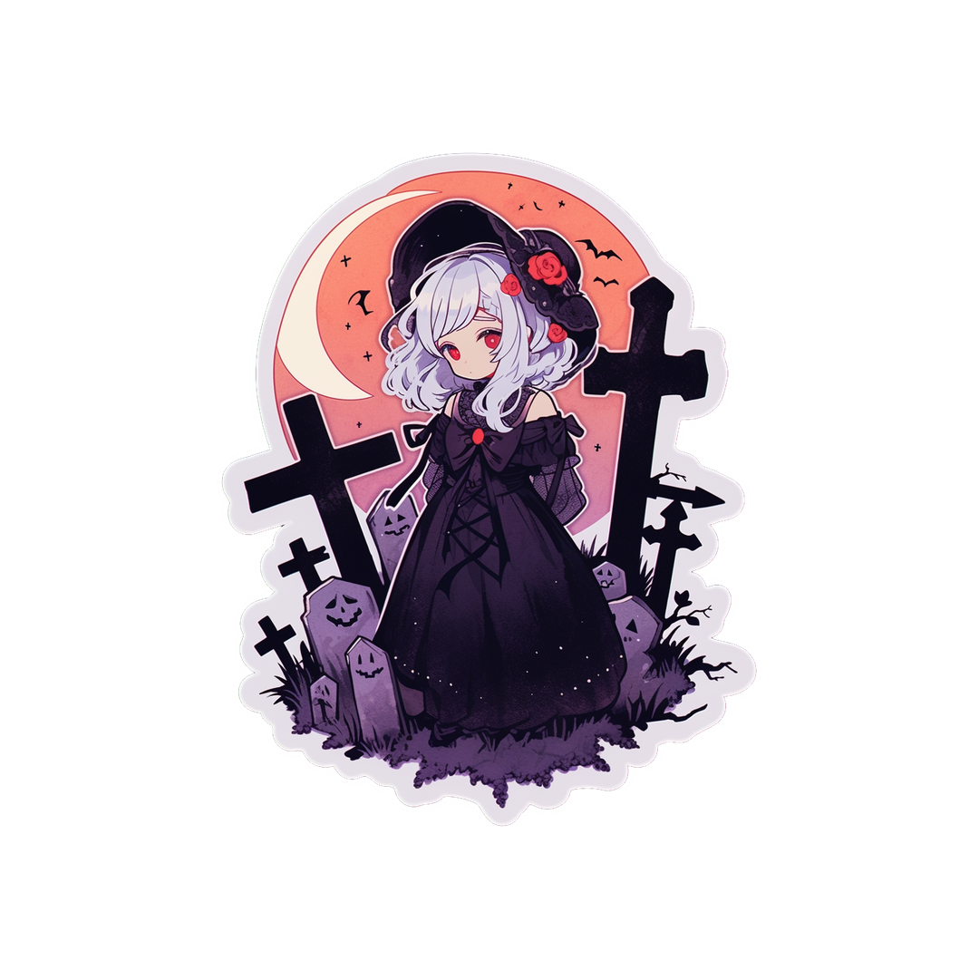 halloween anime girl in spooky cemetery sticker
