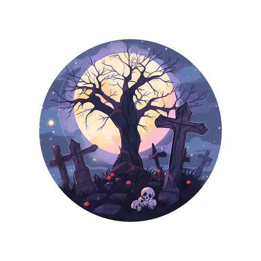 halloween cemetery moon round sticker
