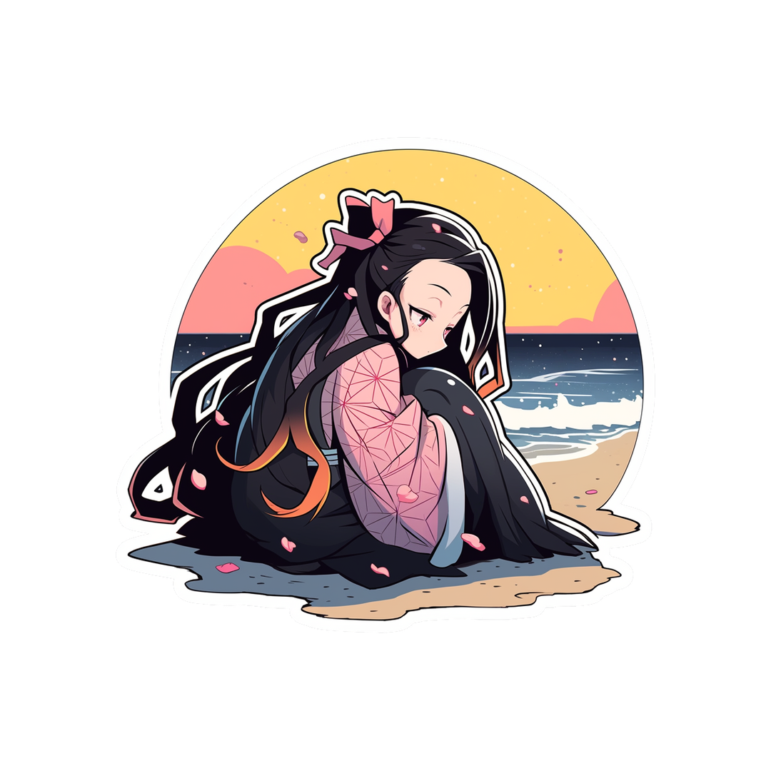 kimetsu no yaiba sad nezuko on sandy beach sticker