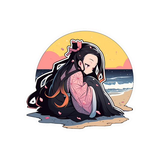 kimetsu no yaiba sad nezuko on sandy beach sticker