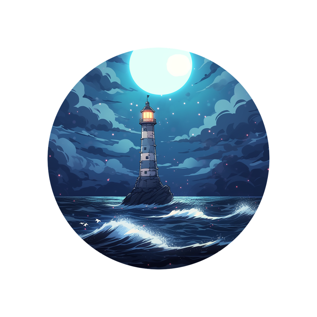 lighthouse in night ocean round sticker