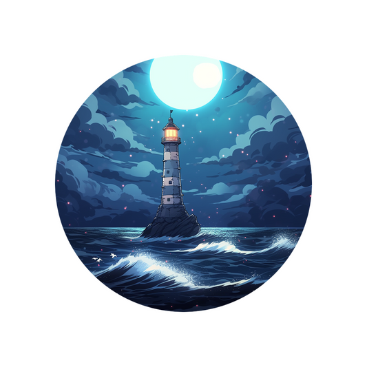 lighthouse in night ocean round sticker
