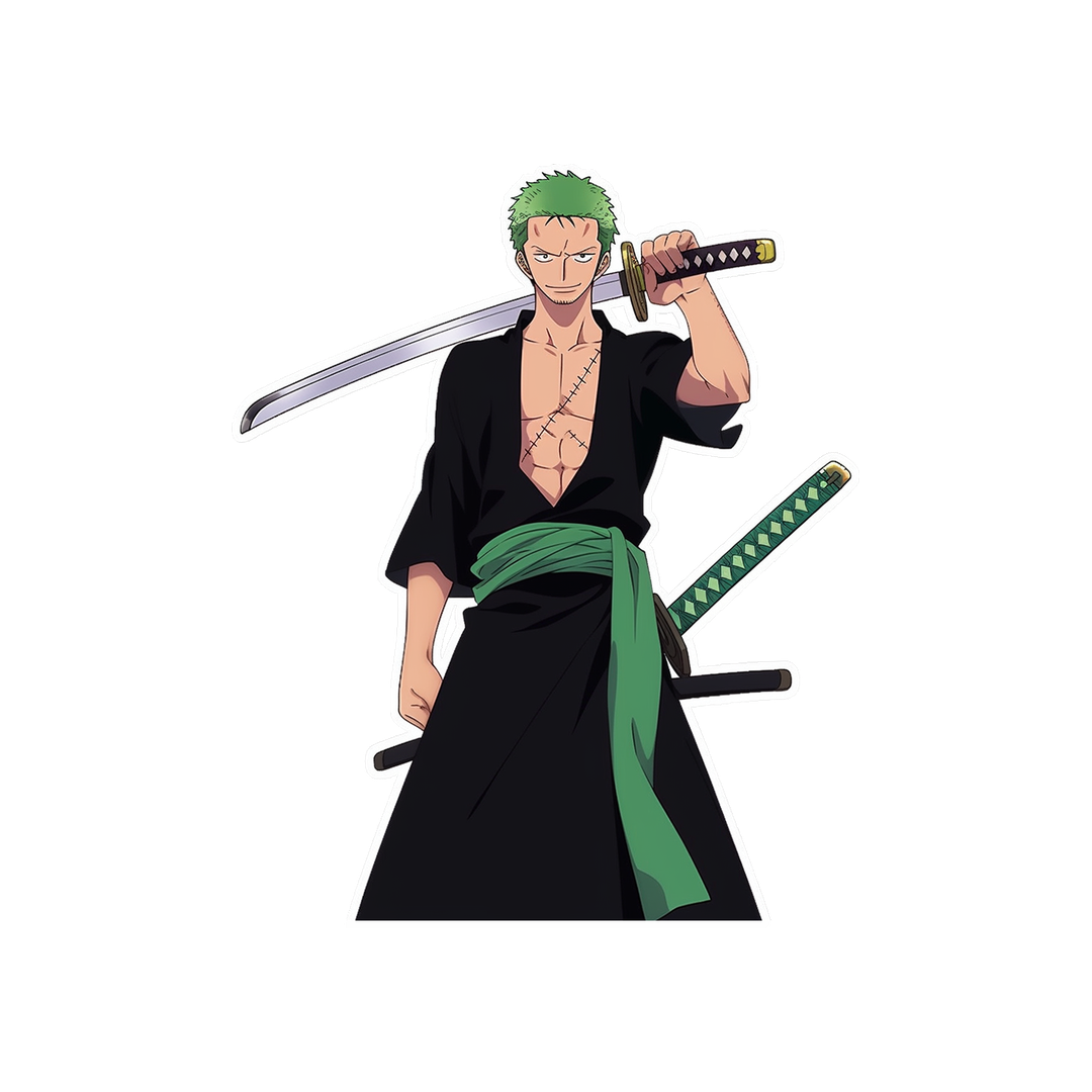 one piece ronoa zoro smiling sword behind head sticker