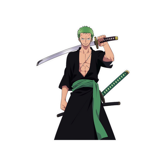 one piece ronoa zoro smiling sword behind head sticker