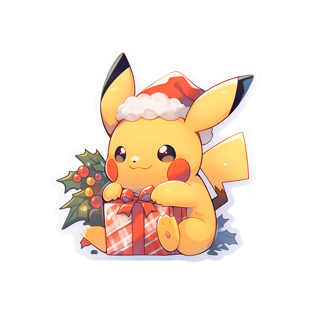 pikachu in hat with christmas gift sticker