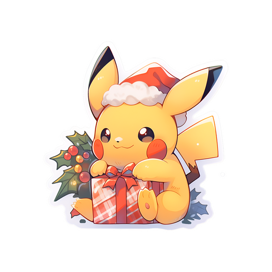 pikachu in hat with christmas gift sticker