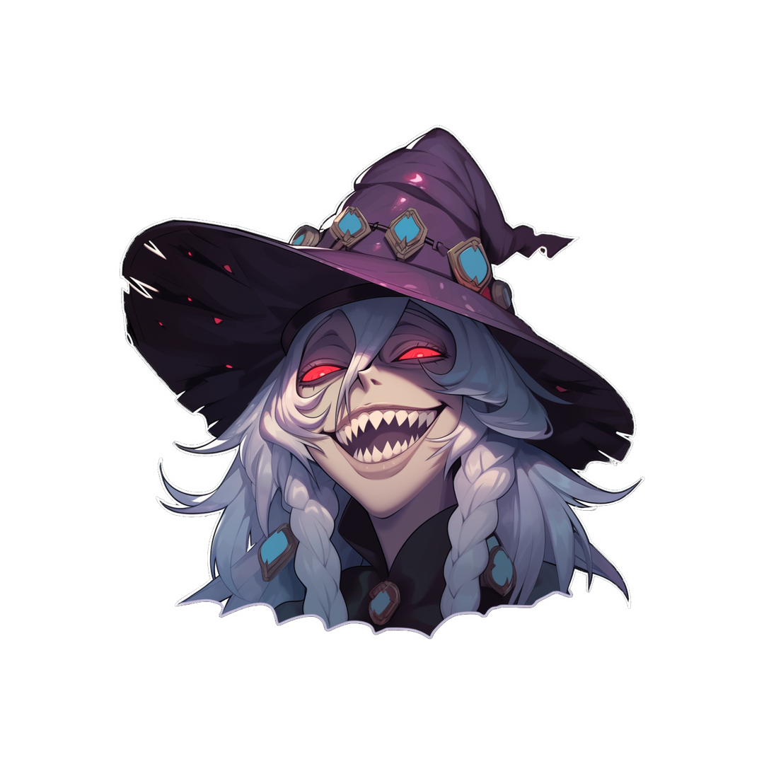 smiling witch with red eyes halloween sticker