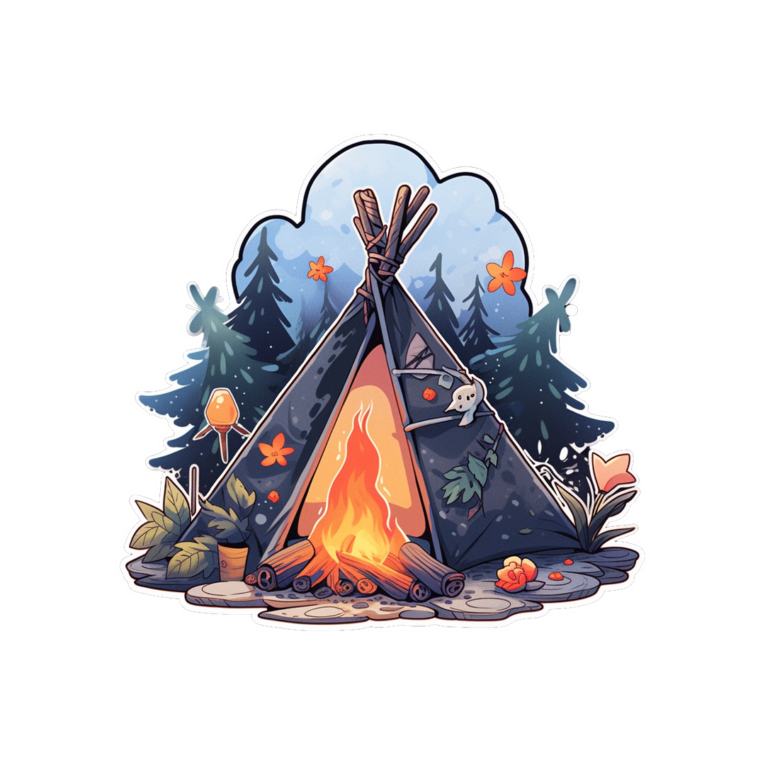 tent and campfire in the woods sticker