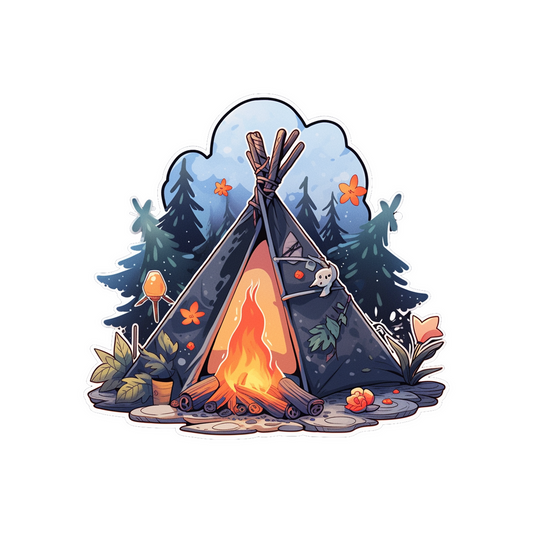 tent and campfire in the woods sticker