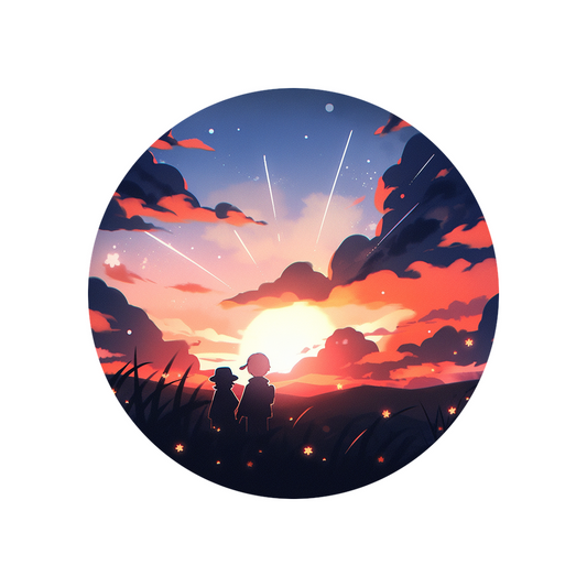 two children watching sunset round sticker